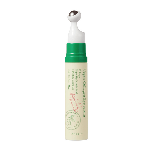 AXIS-Y Vegan Collagen Eye Serum 10ml med en grön applikator, designad för att minska rynkor och återfukta det känsliga området runt ögonen. Produkten innehåller vegan-kollagen, hyaluronsyra och en 5-peptidkomplex för att ge intensiv vård och näring.